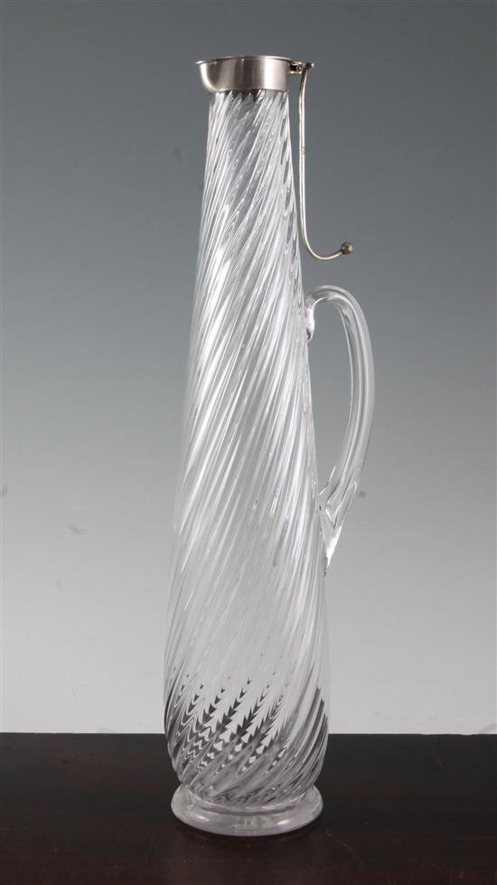 A late Victorian tall silver mounted wrythen glass claret jug by Hukin & Heath, 15.5in.